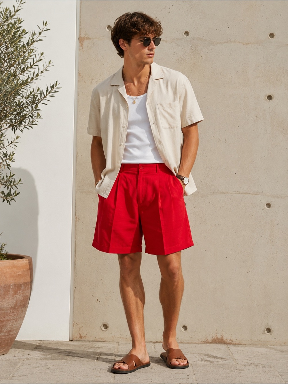 Men's Red Pleated Summer Shorts